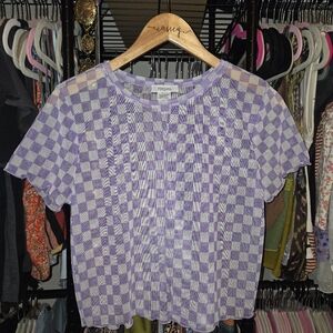 Lavender Checkered Short Sleeve Mesh Top